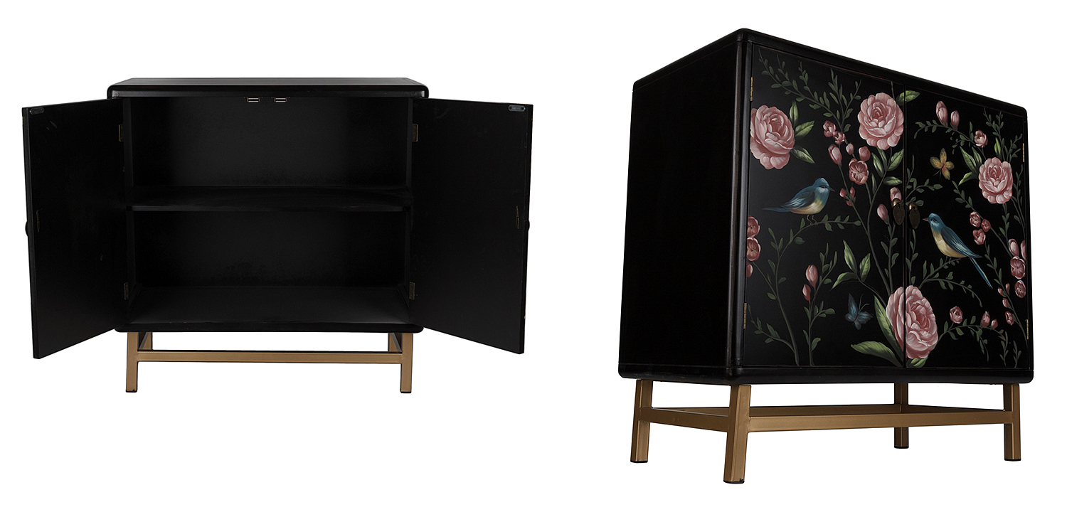 Комод с росписью птицы и цветы Black Chest Of Drawers Peonies Черный Комод с росписью птицы и цветы Black Chest Of Drawers Peonies Черный - Loft-Concept в Липецке
