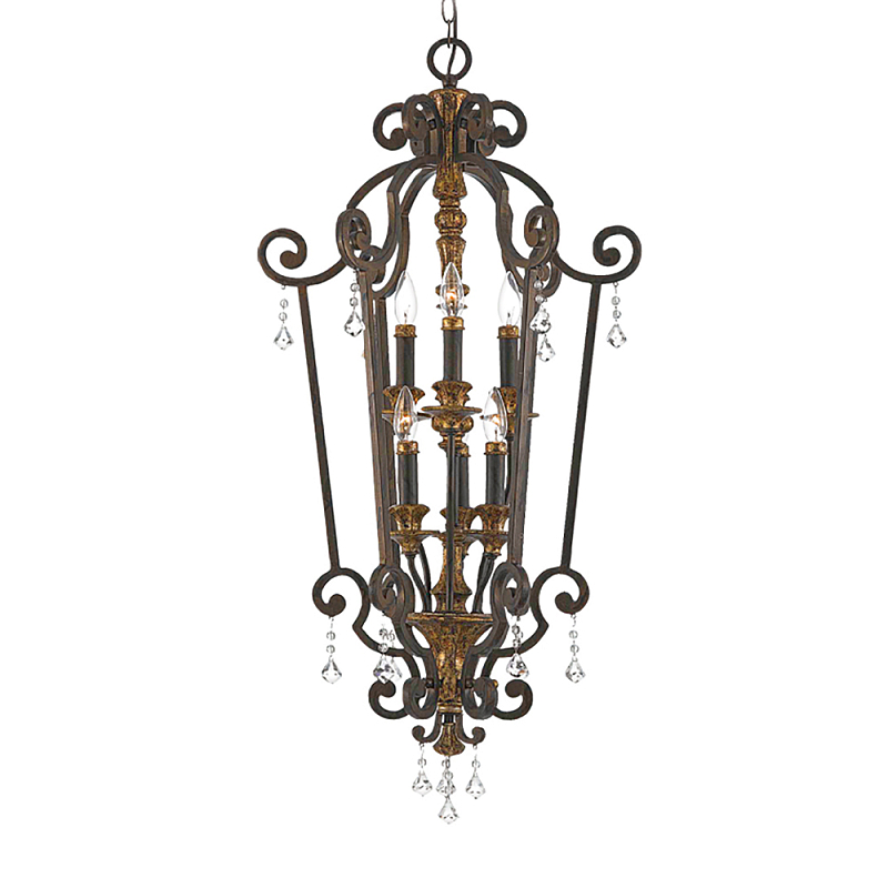 Люстра бронзового цвета с 6-ю лампами и стеклянными подвесками в классическом стиле Quoizel Бронза Прозрачное Стекло Золотой в Липецке | Loft Concept 