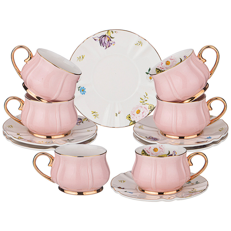 Чайный набор из фарфора на 6 персон 12 предметов Tea Porcelain Set Белый Золотой Розовый Чайный набор из фарфора на 6 персон 12 предметов Tea Porcelain Set Белый Золотой Розовый в Липецке | Loft Concept