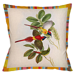 Декоративная подушка бежевая в разноцветную полоску с изображением птиц и цветов Blooming Birds Colorful Cushion варинант исполнения - 2 | Loft Concept в Липецке