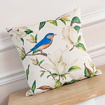Декоративная подушка бежевая с изображением птица в саду Blooming Blue Birds варинант исполнения - 2 | Loft Concept в Липецке
