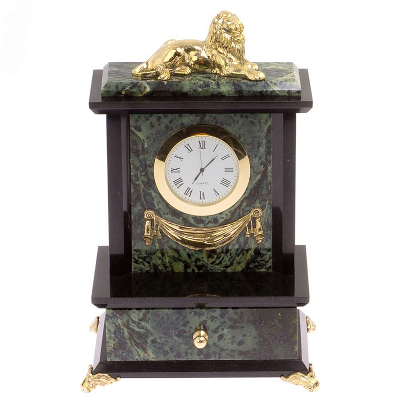 Часы настольные с декором в виде льва из натурального камня Нефрит Lion Stone Clock Черный Зеленый Бронза Часы настольные с декором в виде льва из натурального камня Нефрит Lion Stone Clock Черный Зеленый Бронза в Липецке | Loft Concept