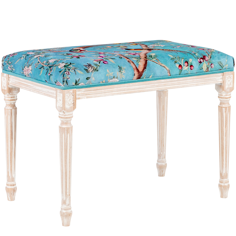 Банкетка из массива бука с цветочным принтом Turquoise Beige Chinoiserie Imperial  Garden Banquette Бирюзовый Мульти Бежевый в Липецке | Loft Concept 