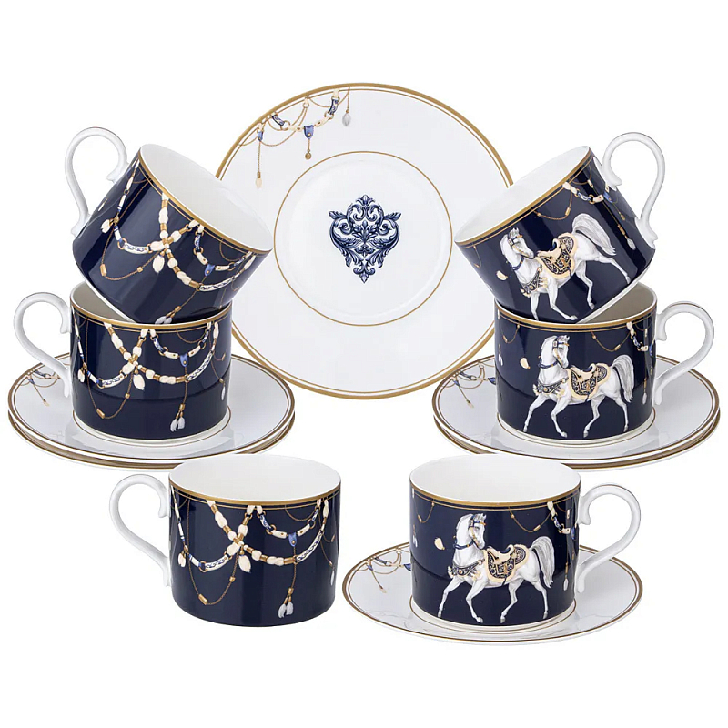 Чайный набор из фарфора с изображением лошадей на 6 персон 12 предметов Porcelain Horse Set Белый Синий Чайный набор из фарфора с изображением лошадей на 6 персон 12 предметов Porcelain Horse Set Белый Синий в Липецке | Loft Concept