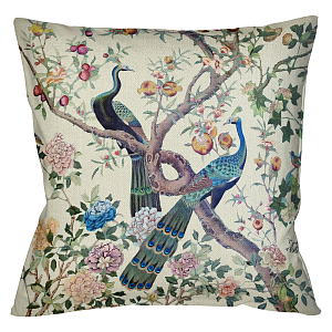 Подушка декоративная с изображением павлинов в саду Beige Chinoiserie Garden Two Peacocks Cushion