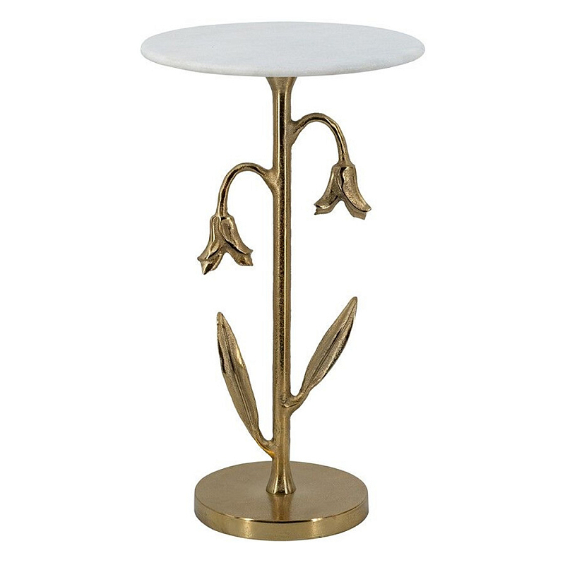Столик с золотистым основанием в виде цветка и круглой мраморной столешницей Golden Snowdrop Золотой Белый в Липецке | Loft Concept 