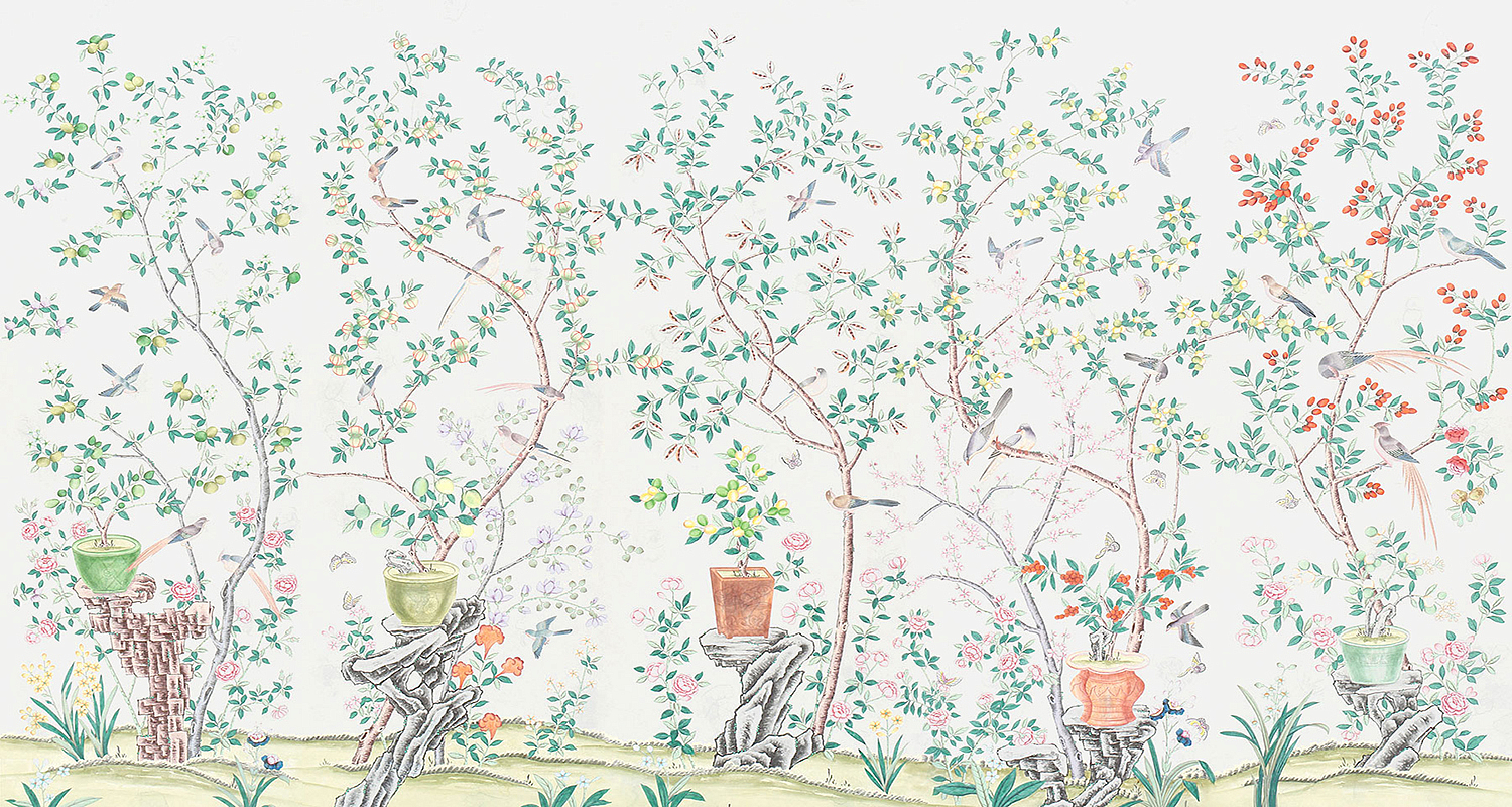 Обои ручная роспись Jardinieres & Citrus Trees Natural Mica Обои ручная роспись Jardinieres & Citrus Trees Natural Mica - Loft-Concept в Липецке