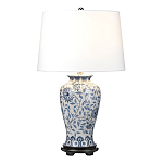 Настольная лампа с керамическим основанием в белом цвете с синим цветочным орнаментом на темной деревянной подставке и тканевым абажуром Elstead Lighting варинант исполнения - 1 | Loft Concept в Липецке