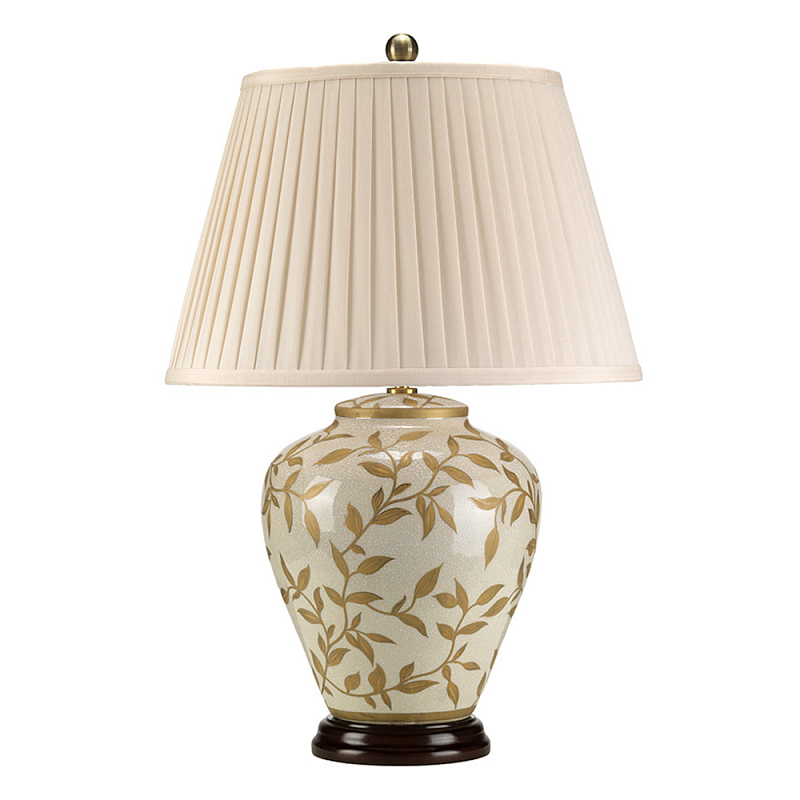 Настольная лампа с фарфоровым основанием бежевого цвета с рисунком и плиссированным абажуром на темной подставке Elstead Lighting Зеленый Бежевый Коричневый Золотой Латунь в Липецке | Loft Concept 