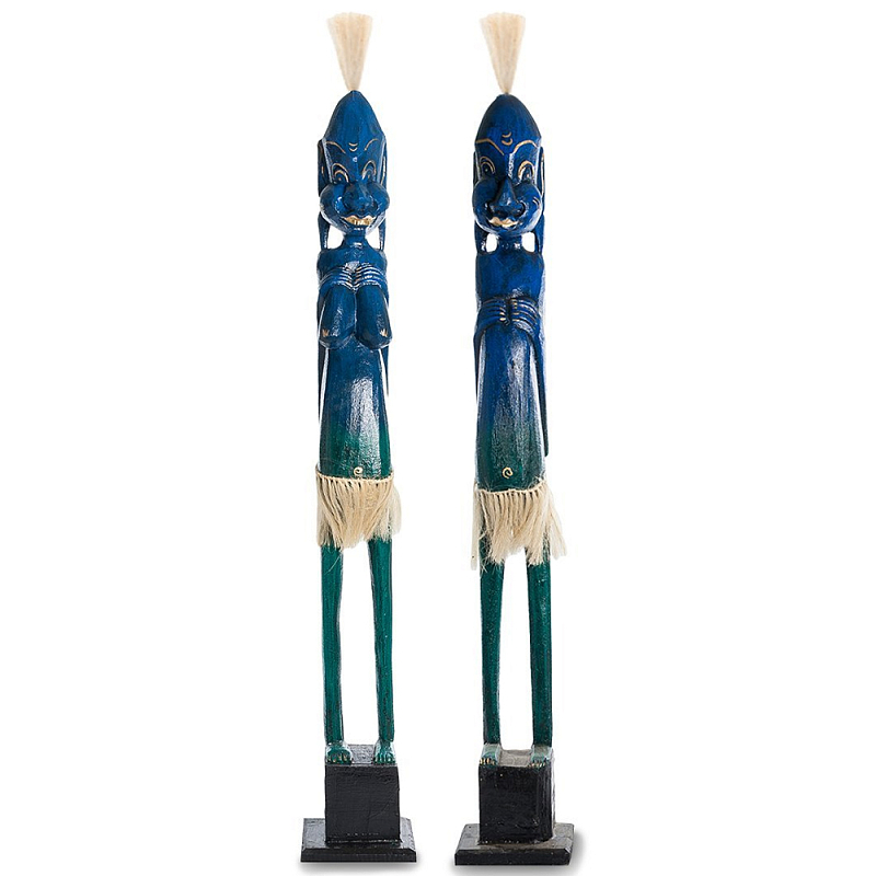 Комплект из 2-х деревянных статуэток Asmat Tall Statuettes Blue Синий Зеленый Бежевый в Липецке | Loft Concept 