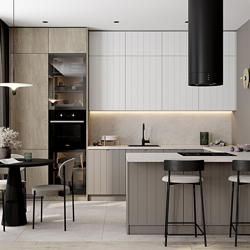 Кухонный гарнитур с фасадом в полоску Rainier Kitchen Set Серый Бежевый Белый Древесина Кухонный гарнитур с фасадом в полоску Rainier Kitchen Set Серый Бежевый Белый Древесина в Липецке | Loft Concept