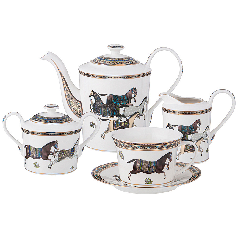 Чайный сервиз из фарфора с изображением лошадей на 6 персон 15 предметов Porcelain Horse Set Белый Мульти Чайный сервиз из фарфора с изображением лошадей на 6 персон 15 предметов Porcelain Horse Set Белый Мульти в Липецке | Loft Concept