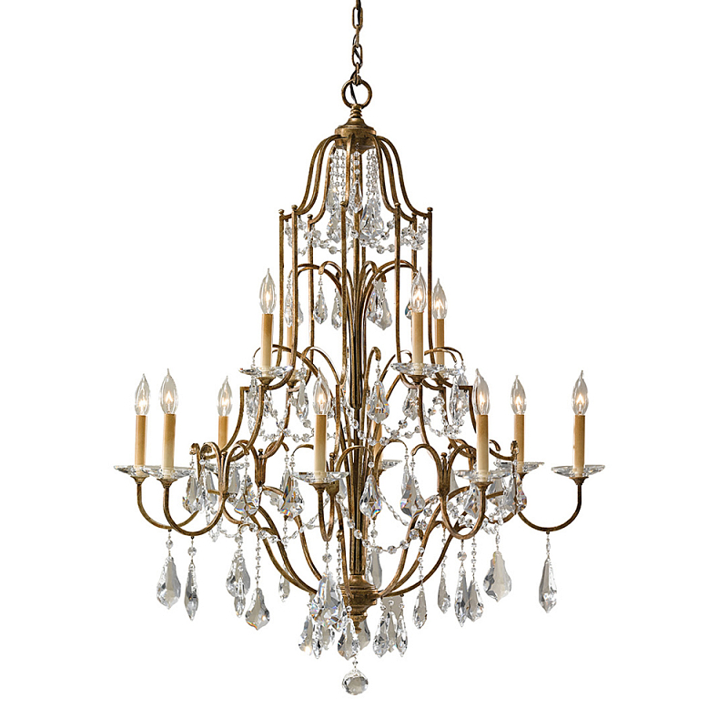 Люстра многоярусная с 12-ю лампами и стеклянными подвесками в классическом стиле Feiss Бронза Прозрачное Стекло в Липецке | Loft Concept 