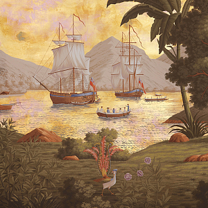 Обои ручная роспись Voyage of the Pacific Amarelo on Deep Rich Gold gilded paper with antiquing