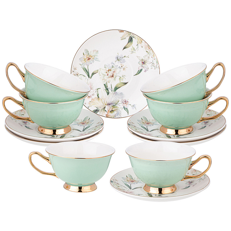 Чайный набор из фарфора на 6 персон Tea Porcelain Set Белый Золотой Зеленый Чайный набор из фарфора на 6 персон Tea Porcelain Set Белый Золотой Зеленый в Липецке | Loft Concept