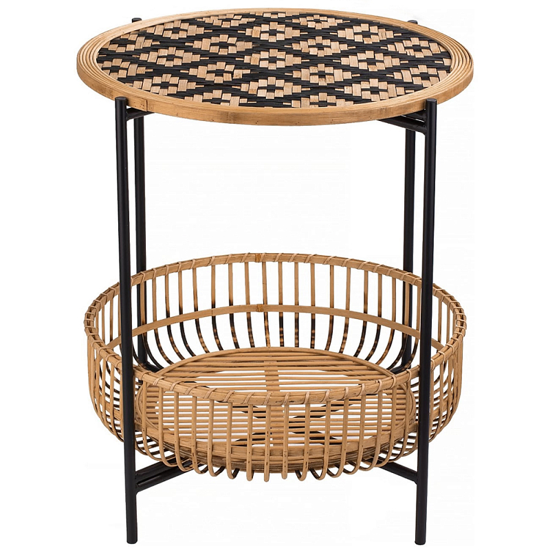 Круглый кофейный стол с плетеной столешницей и полкой Norberta Wicker Coffee Table Коричневый Черный Круглый кофейный стол с плетеной столешницей и полкой Norberta Wicker Coffee Table Коричневый Черный в Липецке | Loft Concept