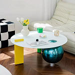 Дизайнерский журнальный стол с круглой белой столешницей на 3-х геометрических ножках Tajefox варинант исполнения - 2 | Loft Concept в Липецке