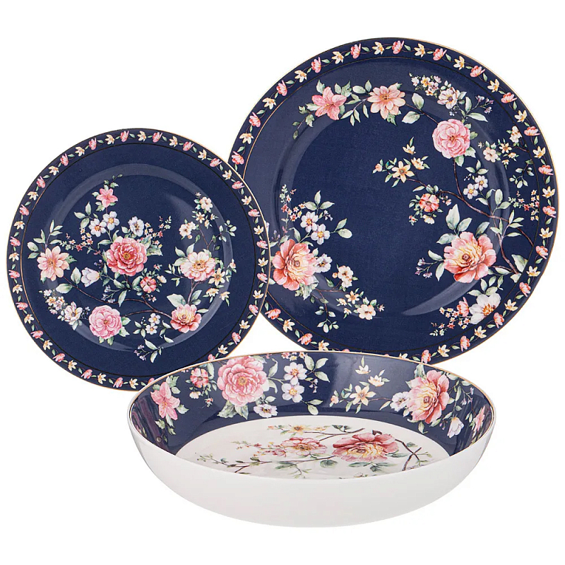 Набор посуды обеденный из фарфора на 6 персон 18 предметов Flower Porcelain Collection Синий Красный Зеленый Набор посуды обеденный из фарфора на 6 персон 18 предметов Flower Porcelain Collection Синий Красный Зеленый в Липецке | Loft Concept