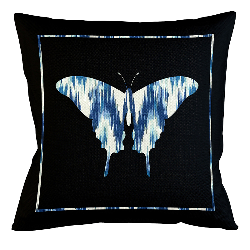 Подушка декоративная бабочка с синим узором Ikat Pattern Черный Белый Синий Бежевый Подушка декоративная бабочка с синим узором Ikat Pattern Черный Белый Синий Бежевый в Липецке | Loft Concept