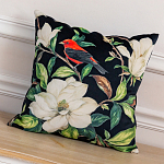 Декоративная подушка чёрная с изображением птицы в саду Blooming Red Birds варинант исполнения - 2 | Loft Concept в Липецке