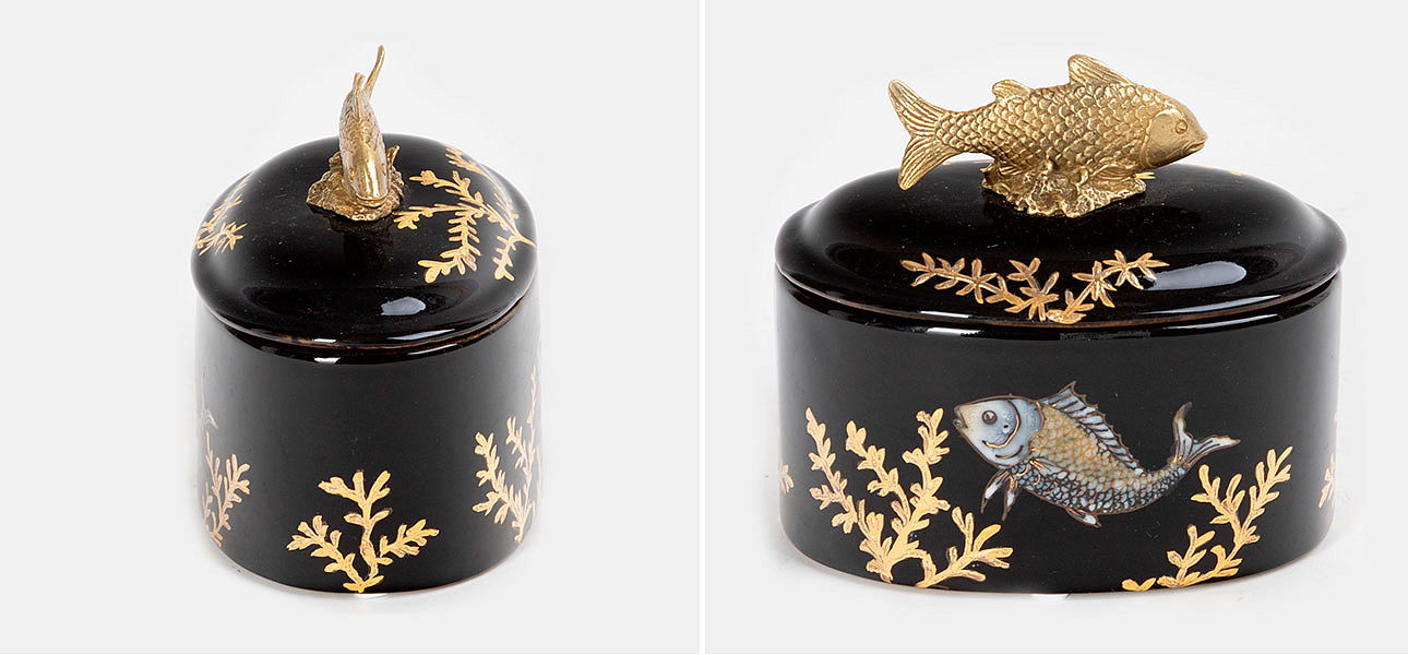 Шкатулка черная фарфоровая Золотая Рыбка Gold fish Шкатулка черная фарфоровая Золотая Рыбка Gold fish - Loft-Concept в Липецке