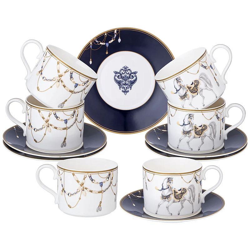 Чайный набор из фарфора с изображением лошадей на 6 персон 12 предметов Porcelain Horse Set Белый Синий Чайный набор из фарфора с изображением лошадей на 6 персон 12 предметов Porcelain Horse Set Белый Синий в Липецке | Loft Concept