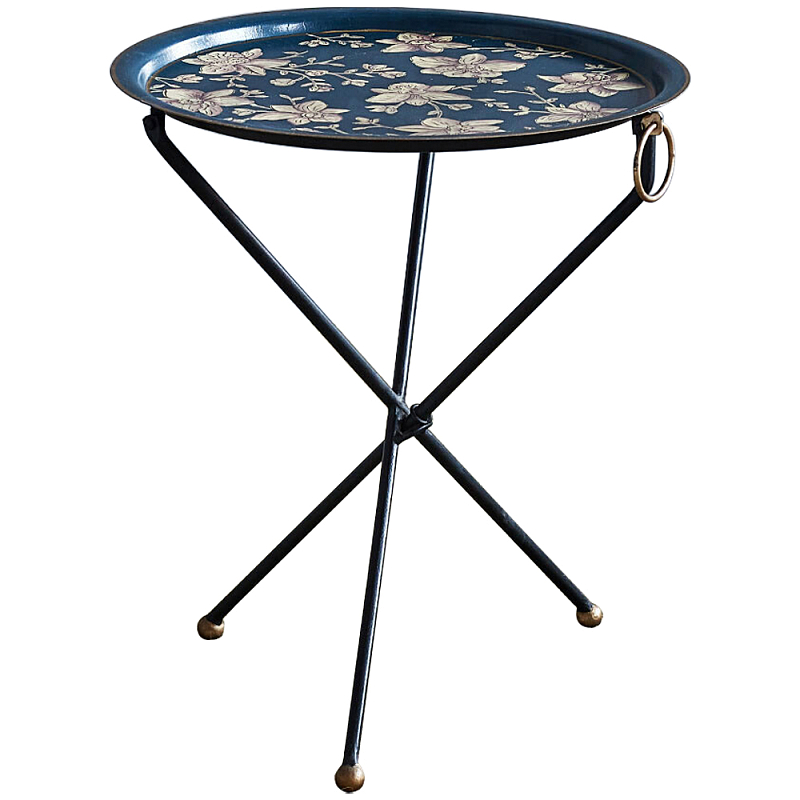 Круглый приставной столик складной Chinoiserie Flowers Side Table Синий Бежевый Латунь в Липецке | Loft Concept 