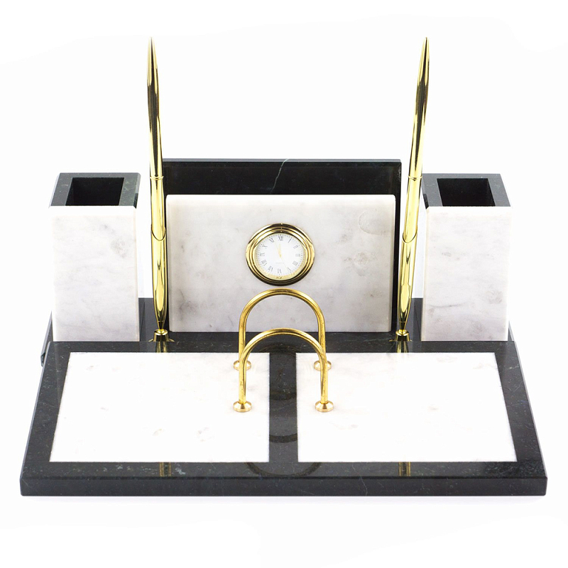 Настольный письменный набор из белого мрамора с часами Marble Accessory Белый Черный Настольный письменный набор из белого мрамора с часами Marble Accessory Белый Черный в Липецке | Loft Concept