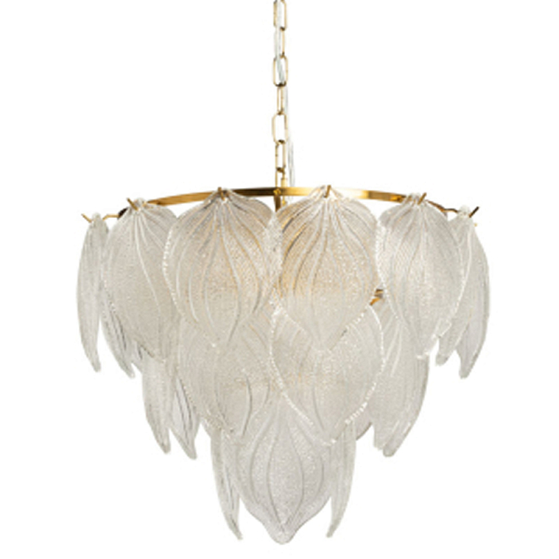 Люстра на цепи с прозрачными стеклянными подвесками в виде листьев Textured Glass Chandelier Прозрачное Стекло Латунь в Липецке | Loft Concept 