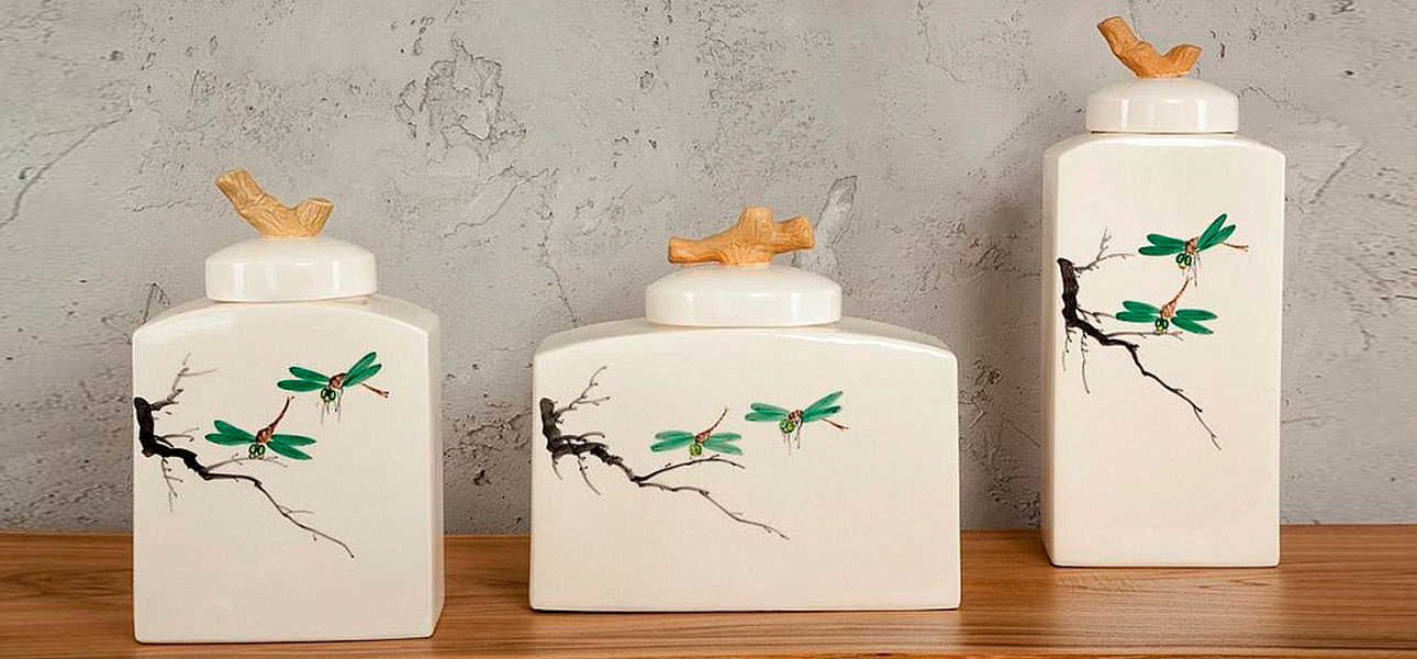 Ваза низкая с крышкой керамическая стрекоза Ornament Ваза низкая с крышкой керамическая стрекоза Ornament - Loft-Concept в Липецке