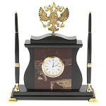 Часы настольные с Гербом России и 2-мя шариковыми ручками в комплекте Stone Clock варинант исполнения - 5 | Loft Concept в Липецке