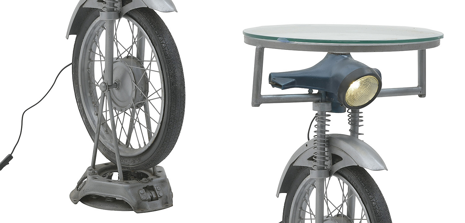 Круглый обеденный стол с подстольем в виде мопеда с подсветкой Motorbike Shaped Side Table Круглый обеденный стол с подстольем в виде мопеда с подсветкой Motorbike Shaped Side Table - Loft-Concept в Липецке