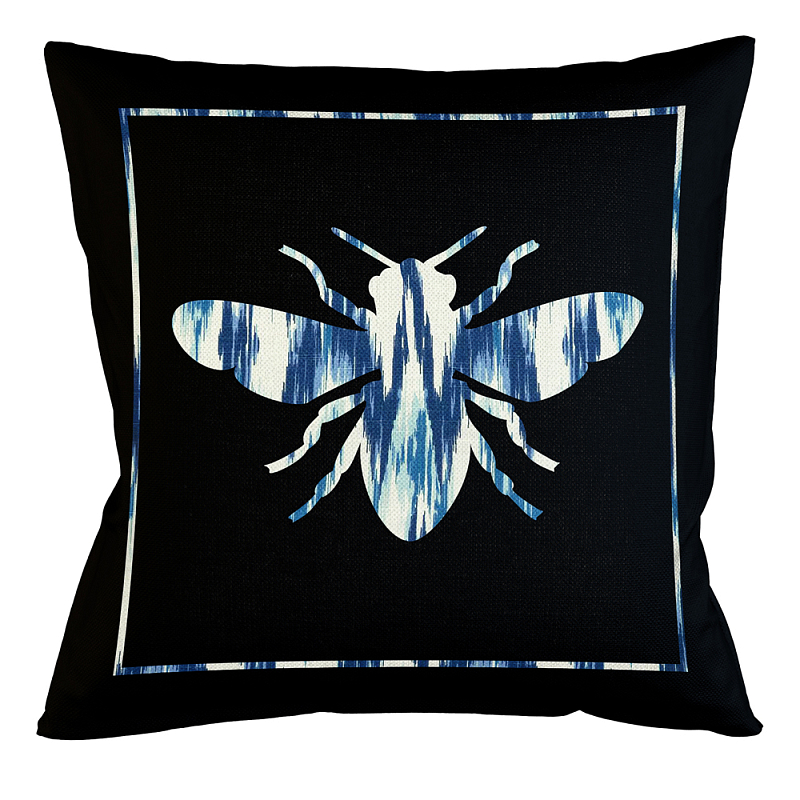Подушка декоративная пчела с синим узором Ikat Pattern Черный Белый Синий Бежевый Подушка декоративная пчела с синим узором Ikat Pattern Черный Белый Синий Бежевый в Липецке | Loft Concept