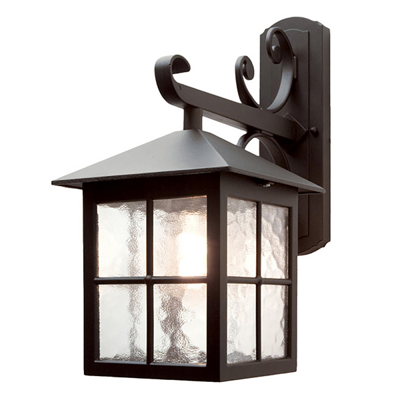 Настенный фонарь черного цвета в форме фонаря с решетчатым плафоном и фактурным стеклом Elstead Lighting Черный Прозрачное Стекло в Липецке | Loft Concept 