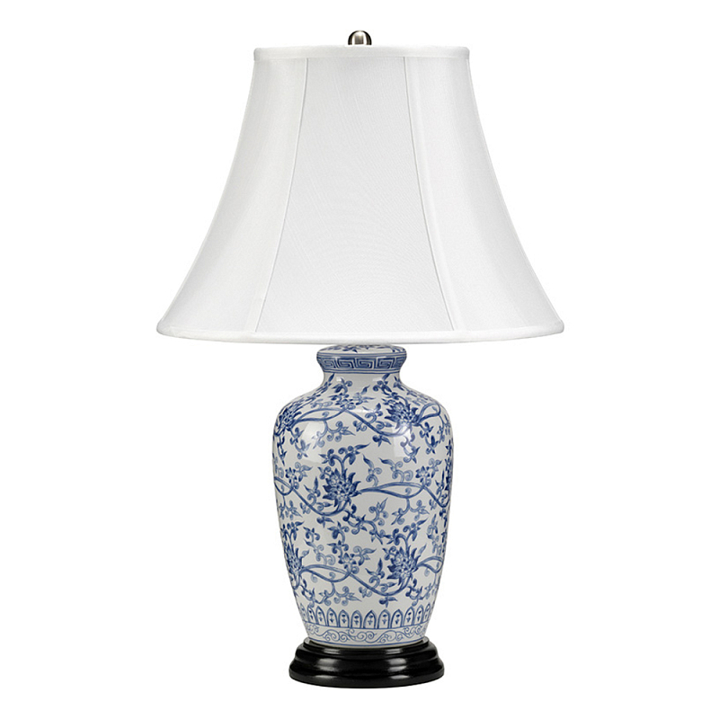 Настольная лампа с фарфоровым основанием с декоративным орнаментом и белым абажуром на темной круглой подставке Elstead Lighting Белый Синий Никель Черный Золотой Серебряный в Липецке | Loft Concept 