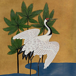 Обои ручная роспись Tsuro Cranes Original colourway on Gold Bullion gilded silk варинант исполнения - 1 | Loft Concept в Липецке