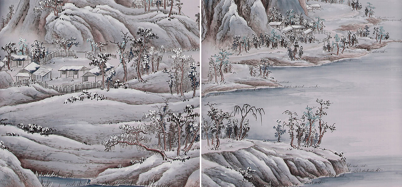 Обои ручная роспись A Thousand Li of Rivers and Mountains Special Colourway on Lilac Hint dyed silk Обои ручная роспись A Thousand Li of Rivers and Mountains Special Colourway on Lilac Hint dyed silk - Loft-Concept в Липецке