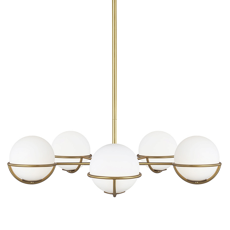 Люстра с 5-ю белыми шарообразными плафонами в сферические каркасах Feiss Латунь Белый в Липецке | Loft Concept 
