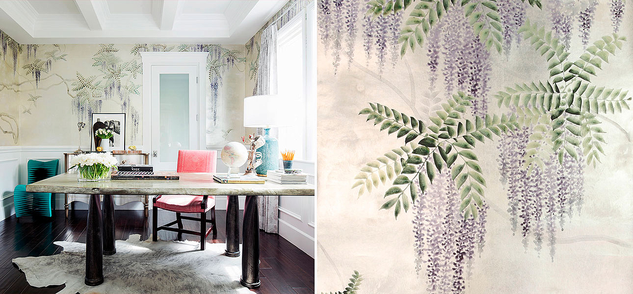 Обои в японском стиле Wisteria Lavender on White Metal gilded paper with pearlescent antiquing Обои в японском стиле Wisteria Lavender on White Metal gilded paper with pearlescent antiquing - Loft-Concept в Липецке
