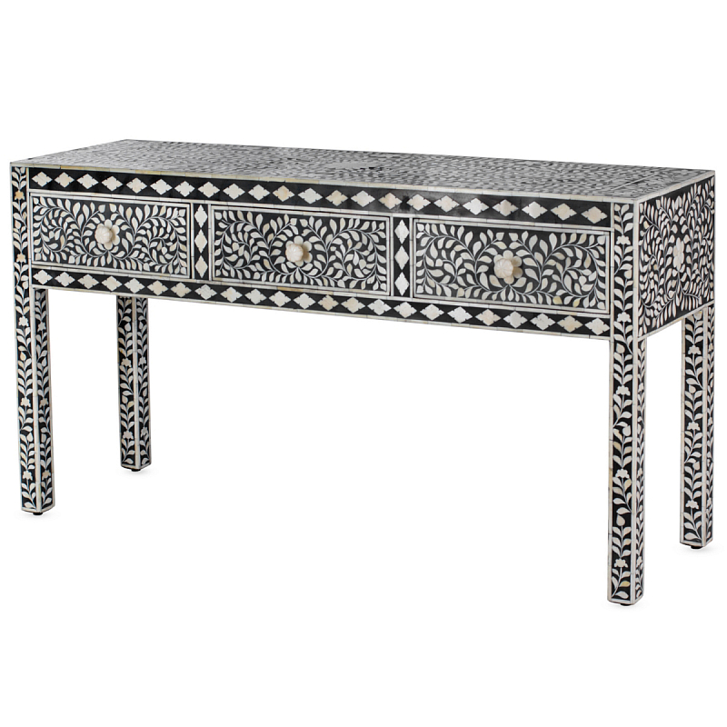 Консоль черный орнамент отделка кость BONE INLAY CONSOL TABLE 3 DRAWER ivory ( слоновая кость ) Черный Консоль черный орнамент отделка кость BONE INLAY CONSOL TABLE 3 DRAWER ivory ( слоновая кость ) Черный в Липецке | Loft Concept