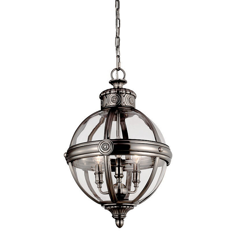 Подвесной светильник с прозрачным стеклянным плафоном в форме шара цвета никеля в индустриальном стиле на цепи 3 лампы Feiss Никель Прозрачное Стекло в Липецке | Loft Concept 