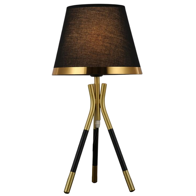 Настольная лампа с коричневым тканевым абажуром Black Tripod Черный Золотой Коричневый в Липецке | Loft Concept 