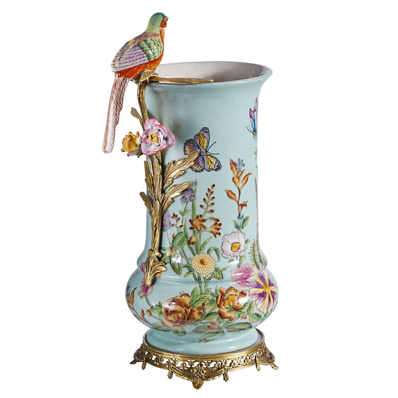 Ваза с птичкой из фарфора с бронзовыми элементами Garden of Eden Бронза Мульти Зеленый в Липецке | Loft Concept 