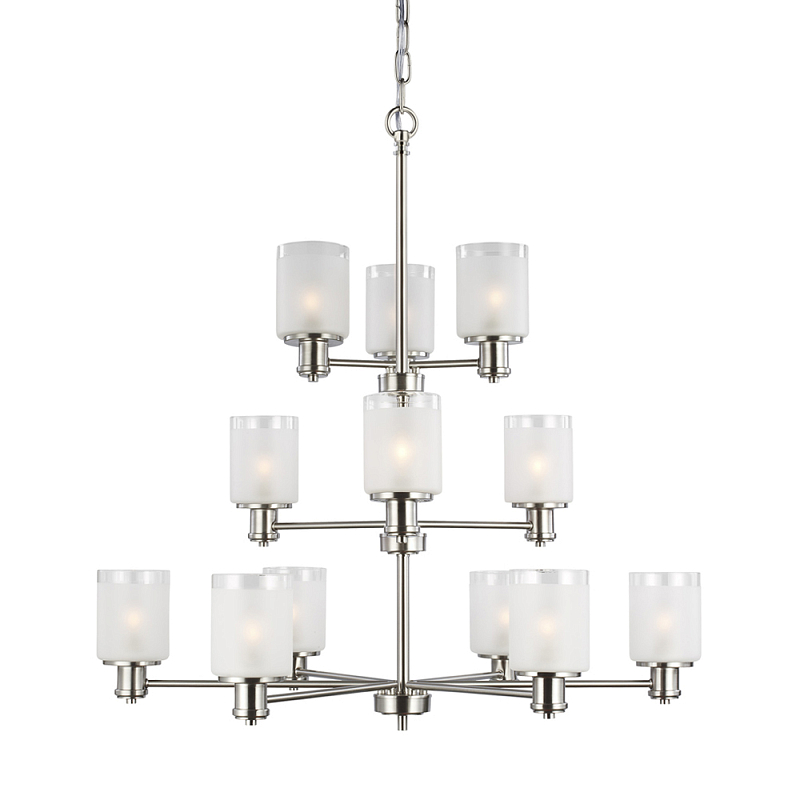 Люстра двухъярусная цвета никель с 12-ю матовыми цилиндрическими стеклянными плафонами Generation Lighting Никель Белый Бежевый в Липецке | Loft Concept 