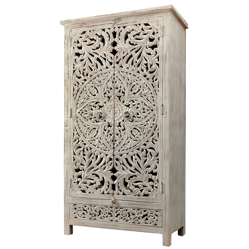 Шкаф с орнаментом ручная резьба из дерева Indian Antique Furniture  Серый в Липецке | Loft Concept 