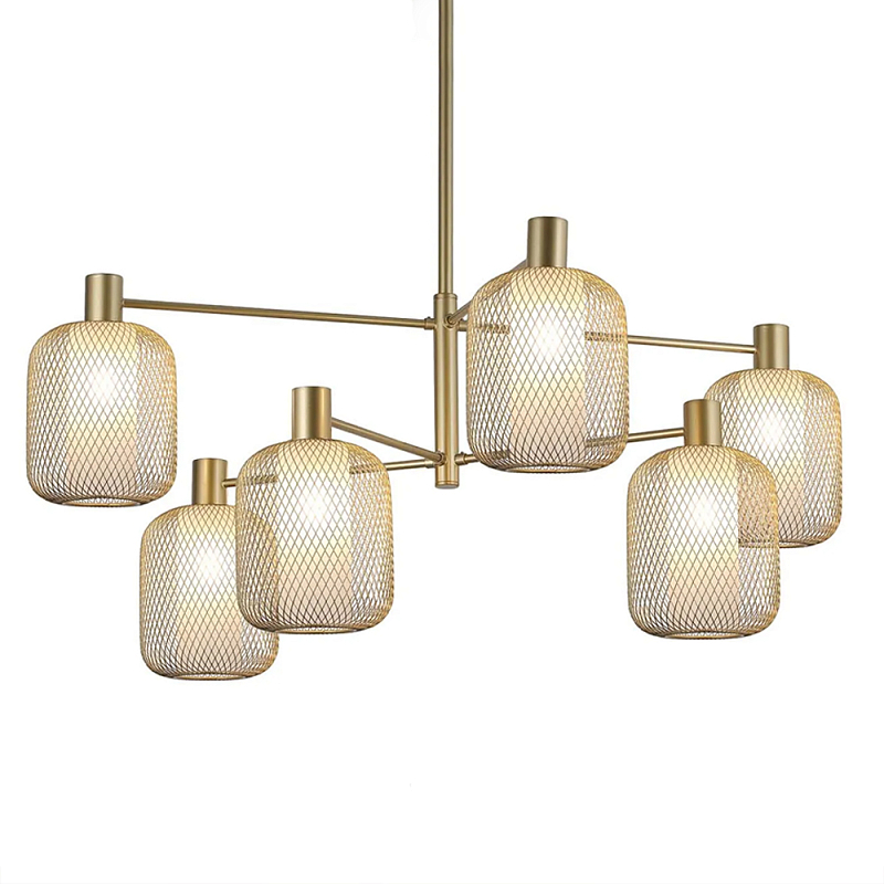 Люстра потолочная с абажурами из металлической сетки Loft Grid Pendant Gold Черный Золотой в Липецке | Loft Concept 