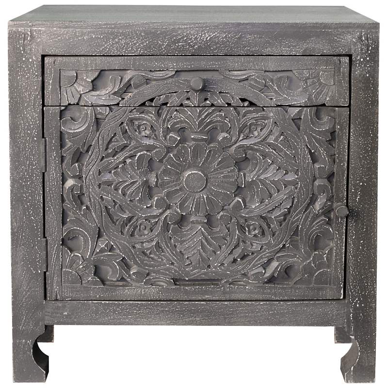Деревянная тумба с резными ящиком и дверцей Azure Grey Wooden Nightstand Серый Деревянная тумба с резными ящиком и дверцей Azure Grey Wooden Nightstand Серый в Липецке | Loft Concept