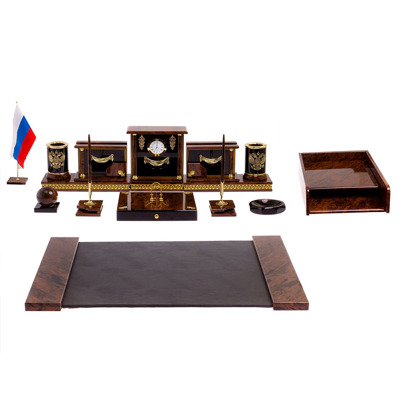 Настольный письменный набор с часами из природного камня обсидиана Royal Set Коричневый Бронза Настольный письменный набор с часами из природного камня обсидиана Royal Set Коричневый Бронза в Липецке | Loft Concept