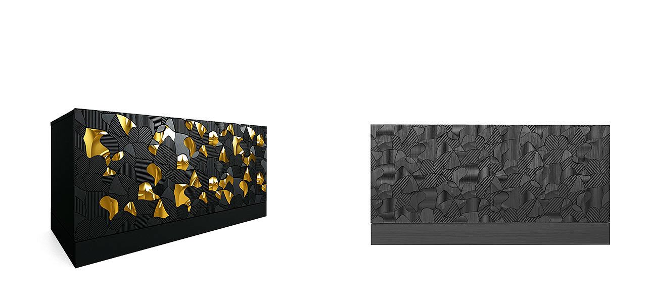 Комод малый инкрустированный золотым орнаментом Wooden Petals Gold Комод малый инкрустированный золотым орнаментом Wooden Petals Gold - Loft-Concept в Липецке