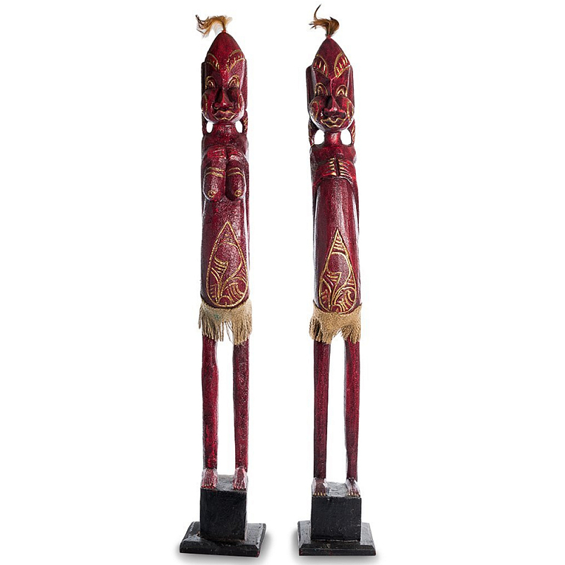 Комплект из 2-х деревянных статуэток Asmat Statuettes Red Красный Бежевый Золотой Черный Комплект из 2-х деревянных статуэток Asmat Statuettes Red Красный Бежевый Золотой Черный в Липецке | Loft Concept